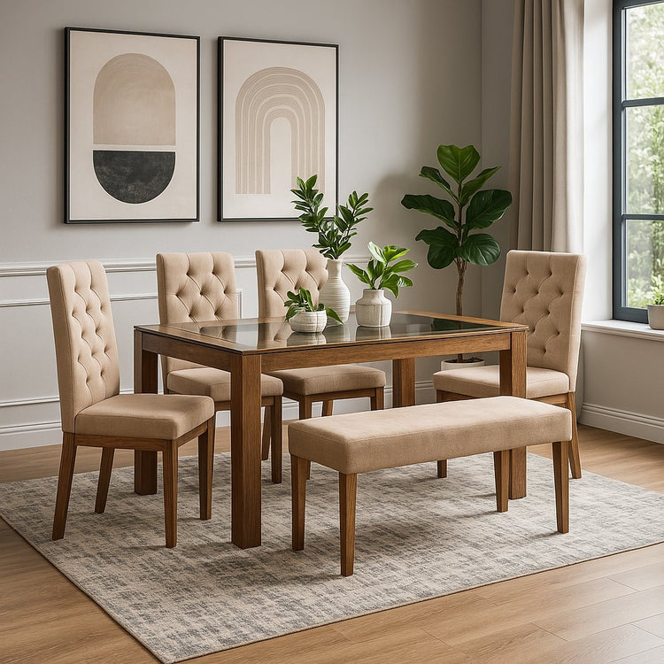 Juego de comedor seis puestos en madera maciza con tapizado color beige y tapa de vidrio para el comedor