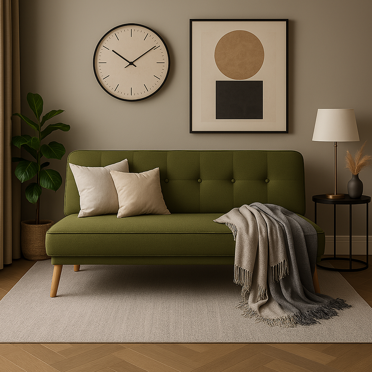 sofá cama gris patas de madera en espacio ambientado