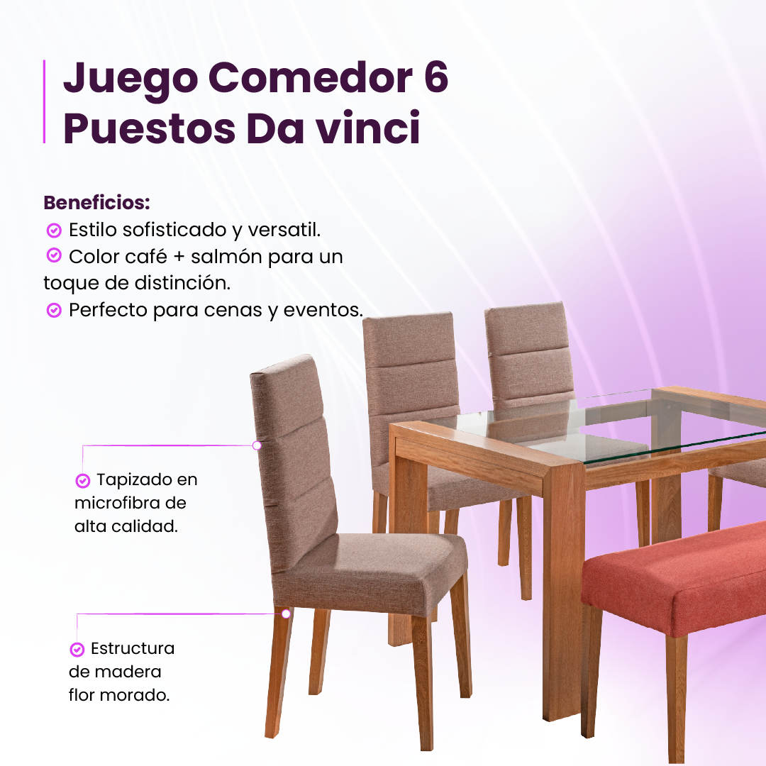 Infografía beneficios juego de comedor seis puestos Da Vinci