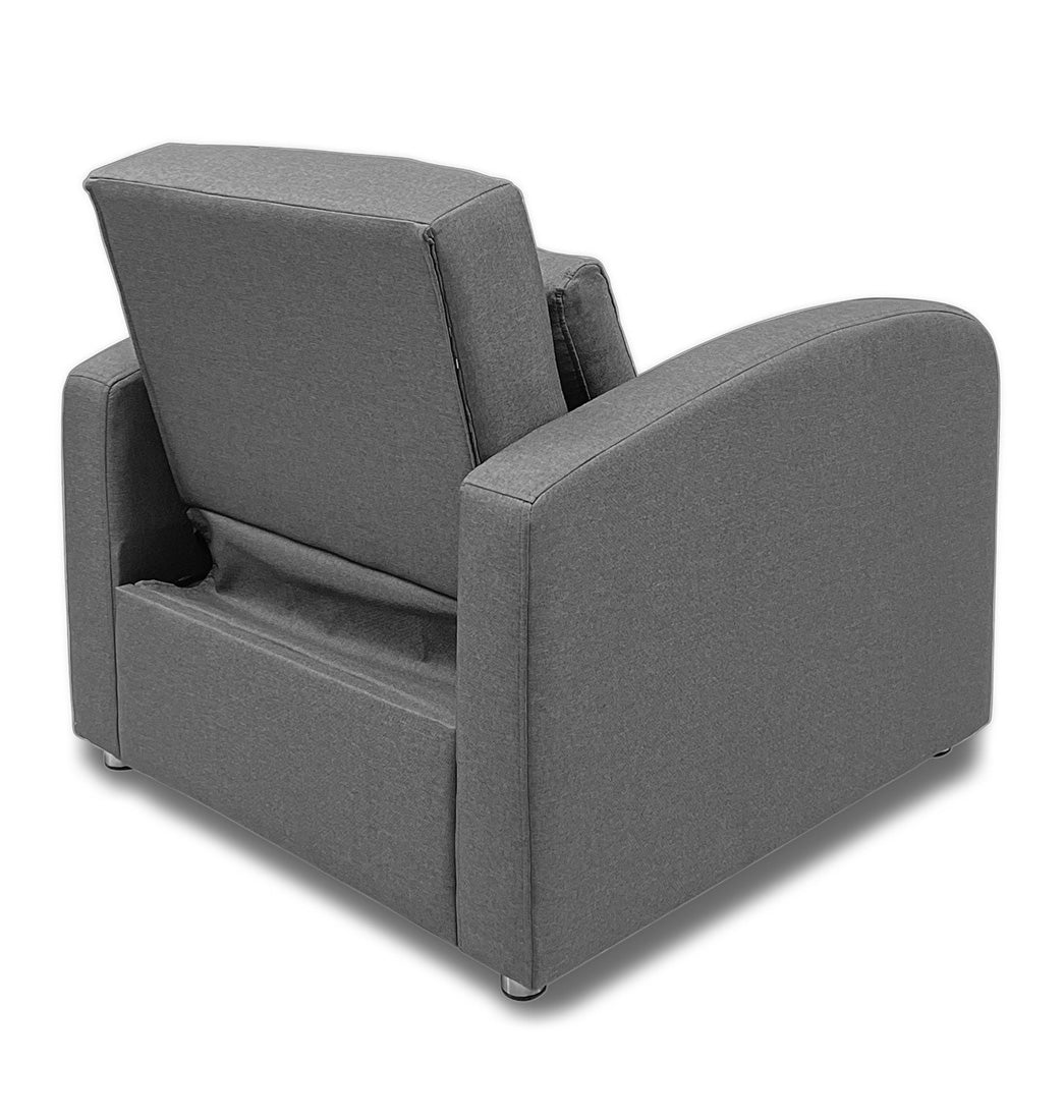 Imagen poltrona cama california un puesto tapizado color gris vista posterior isométrica cerrada