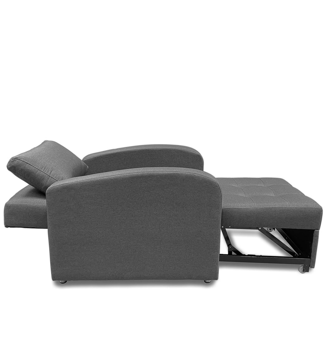 Imagen poltrona cama california un puesto tapizado color gris vista lateral semi abierto
