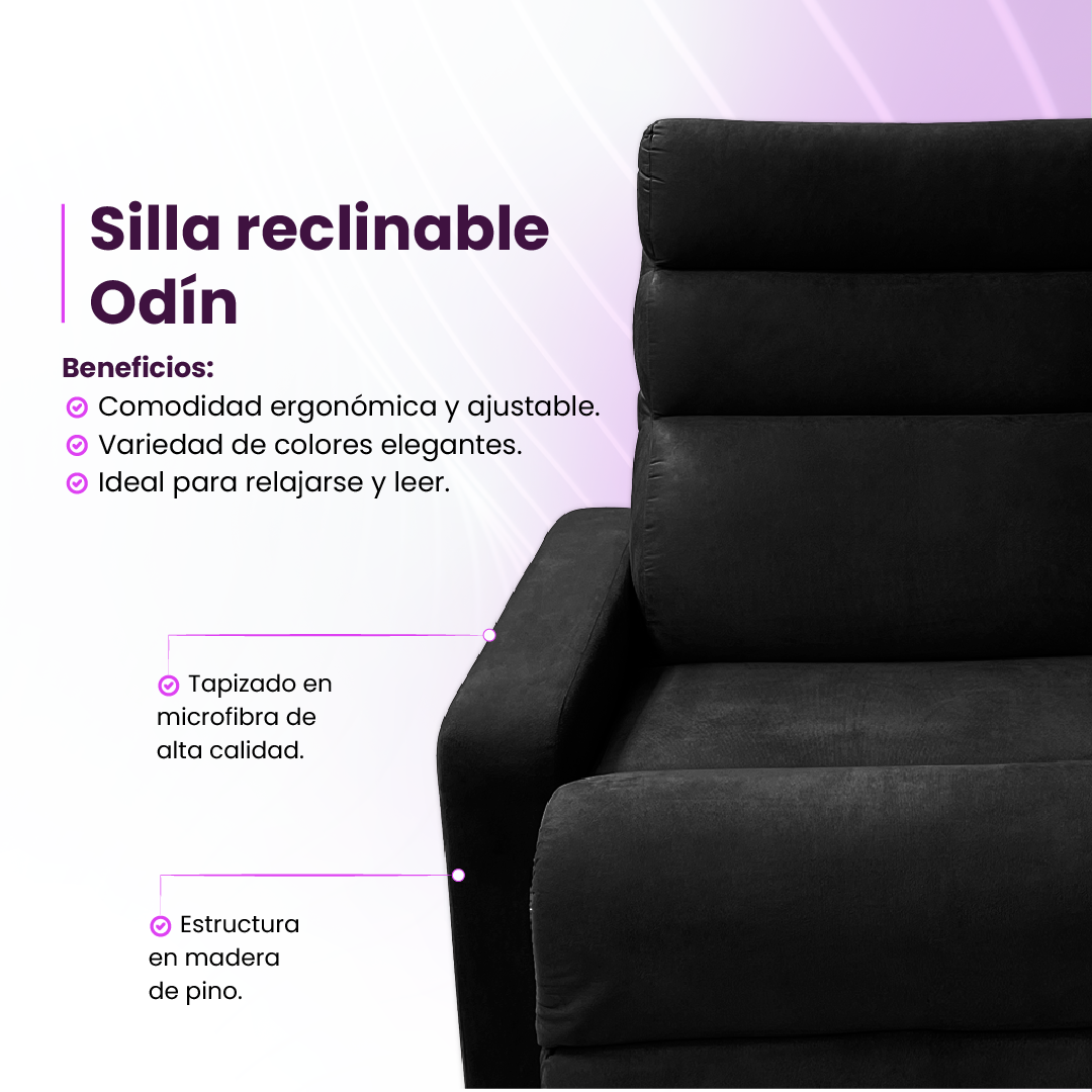 Infografía beneficios sillón reclinable Odín tapizado color negro