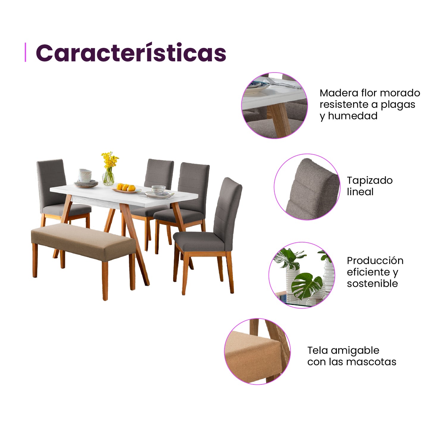 Infografía mueble juego de comedor seis puestos características producto gris beige