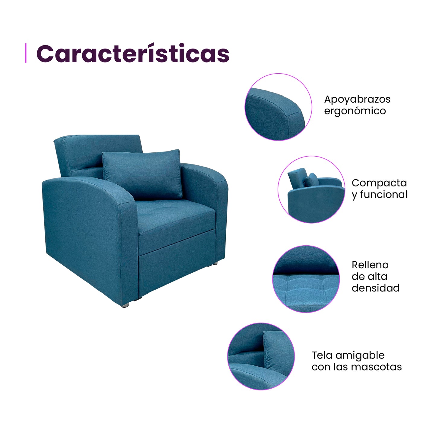 Infografía mueble poltrona cama California azul características producto