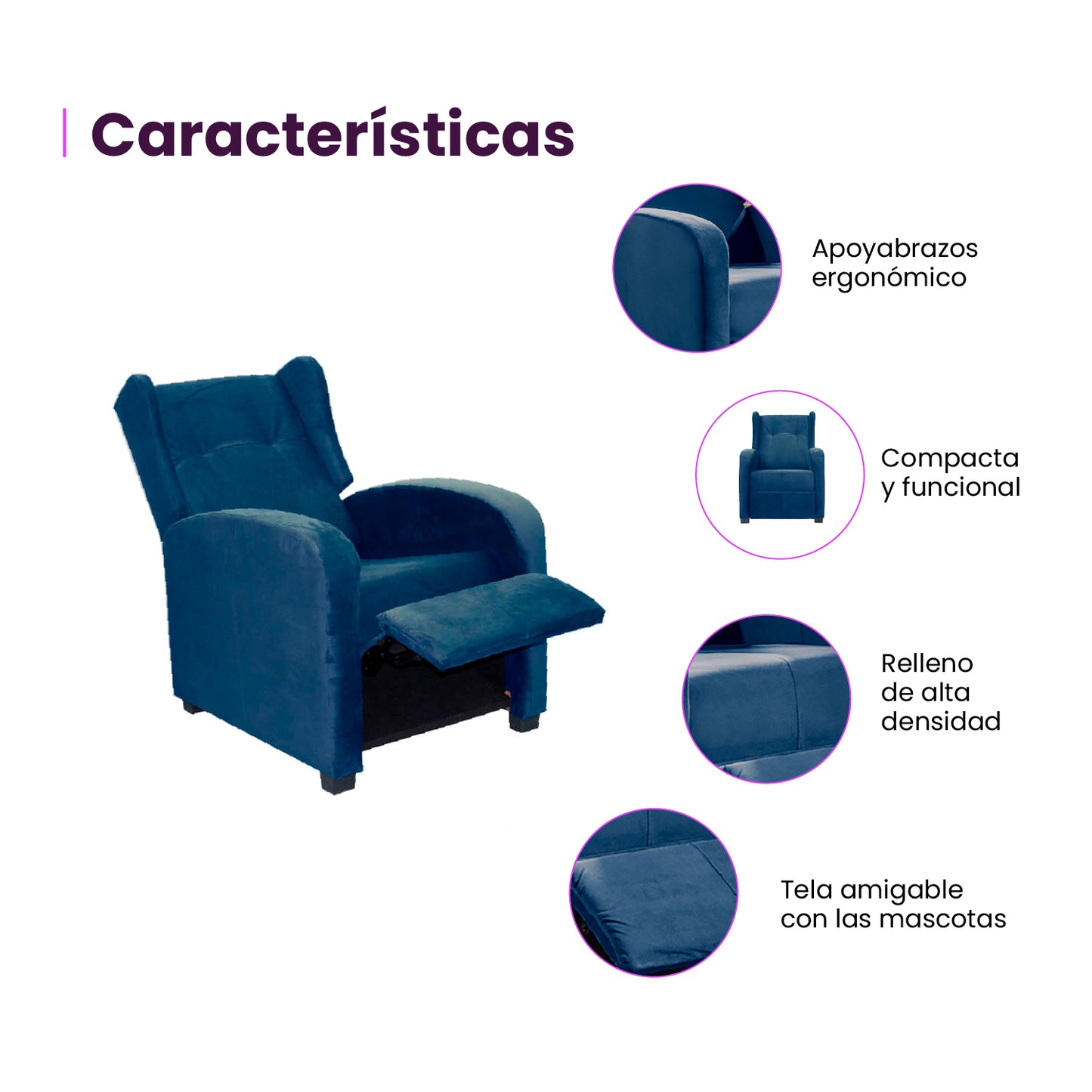 Infografía mueble sillón reclinable Apolo características producto color azul índigo