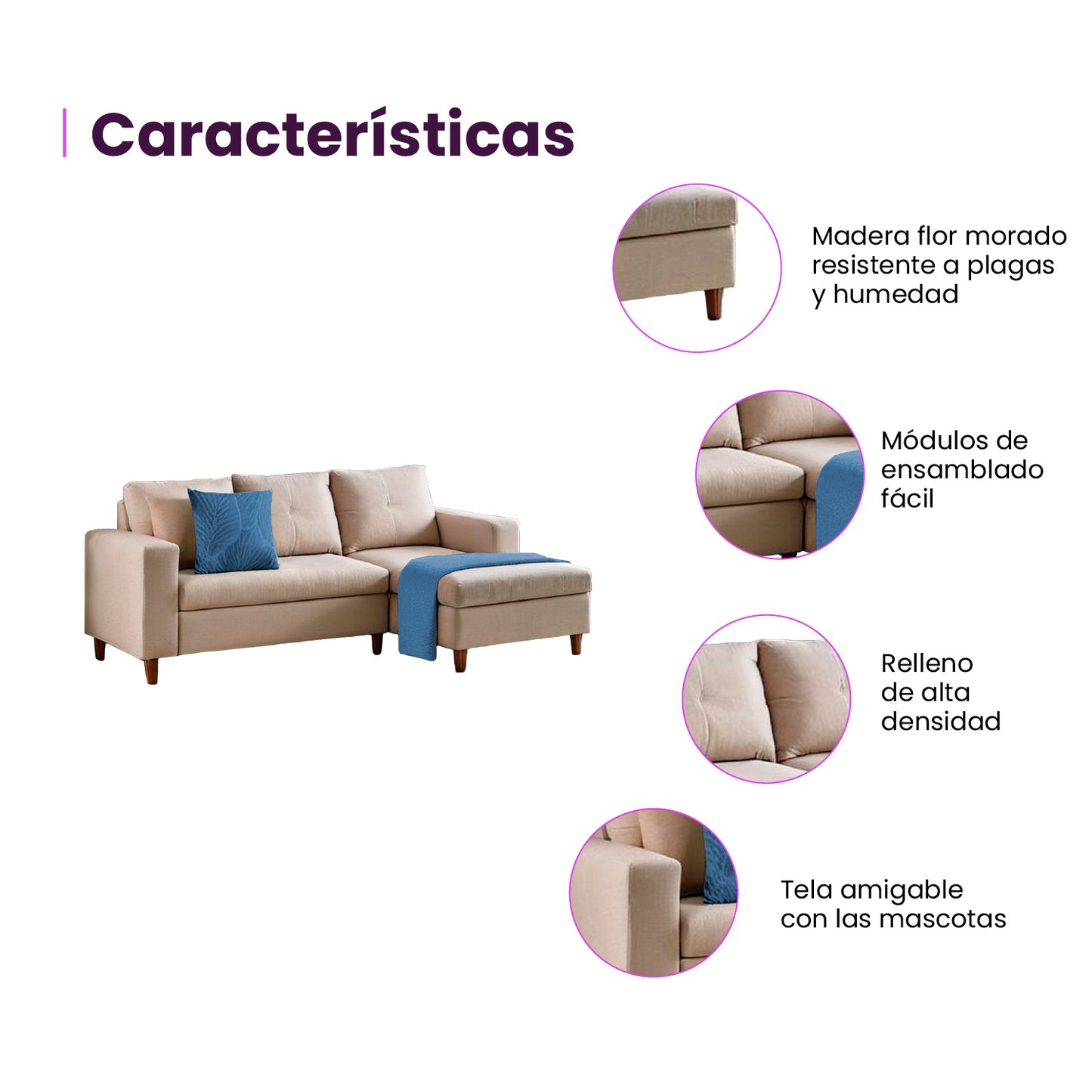 Infografía mueble sala en L características producto