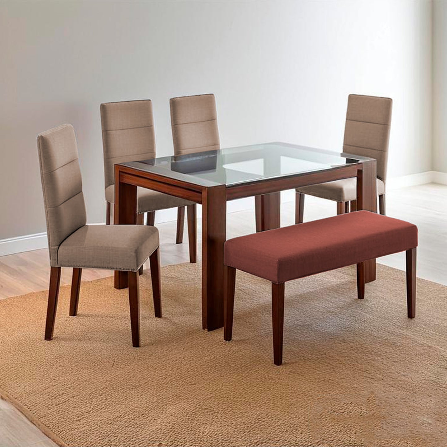 Fotografía espacio ambientado mueble juego de comedor seis puestos vista isométrica color beige