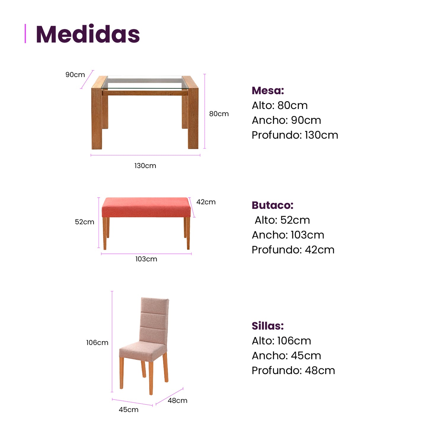 Infografía mueble juego de comedor seis puestos medidas producto beige