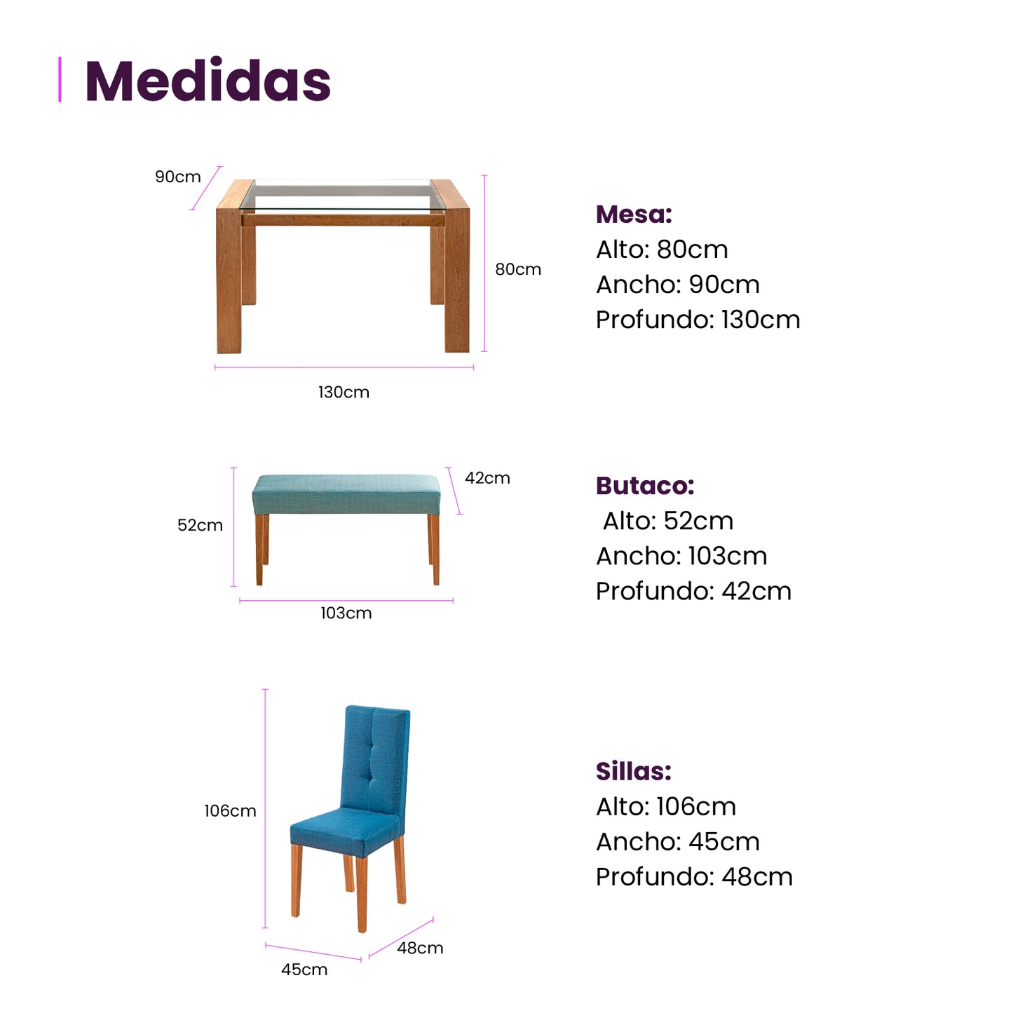Infografía mueble juego de comedor seis puestos medidas producto azul