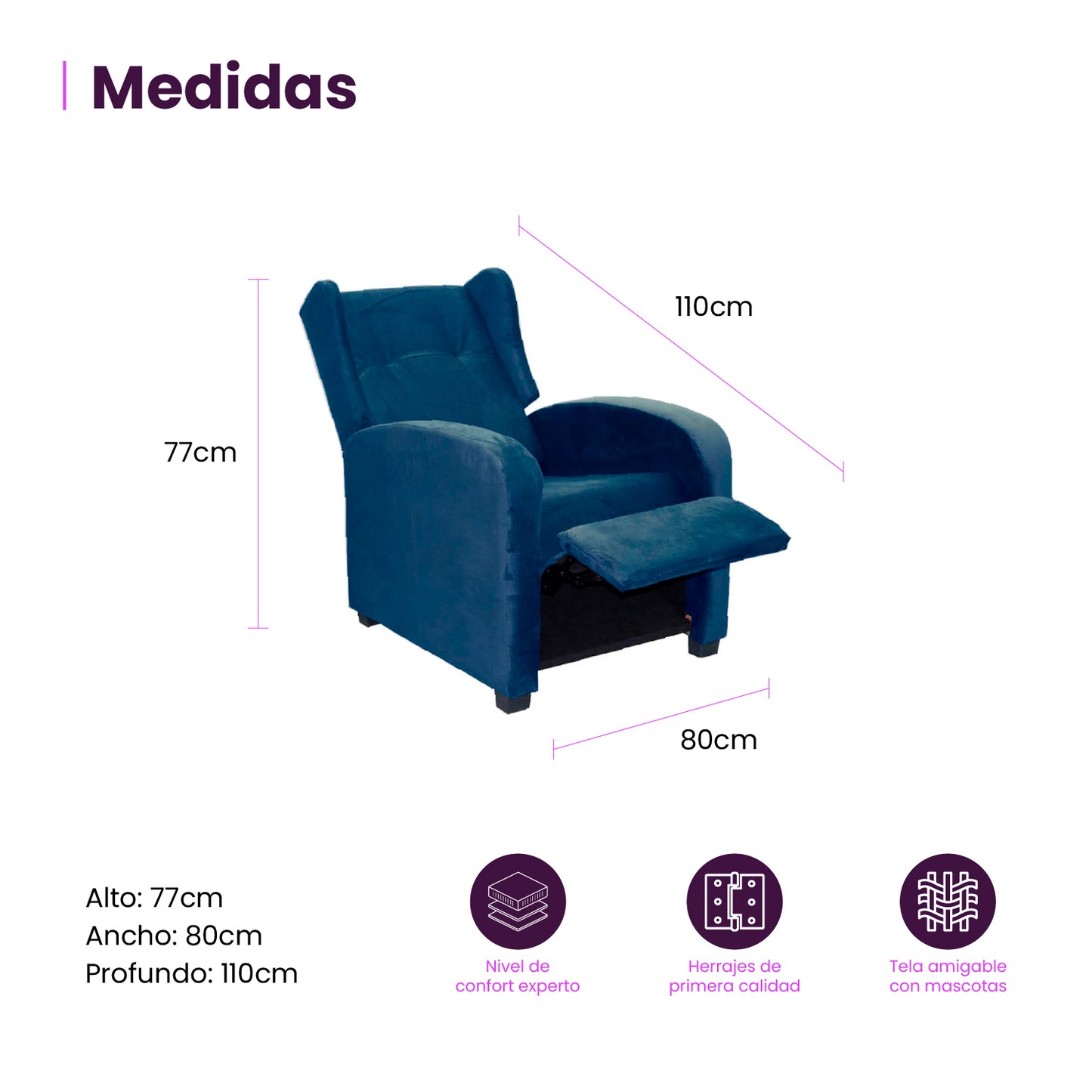 Infografía mueble sofá reclinable Apolo medidas producto