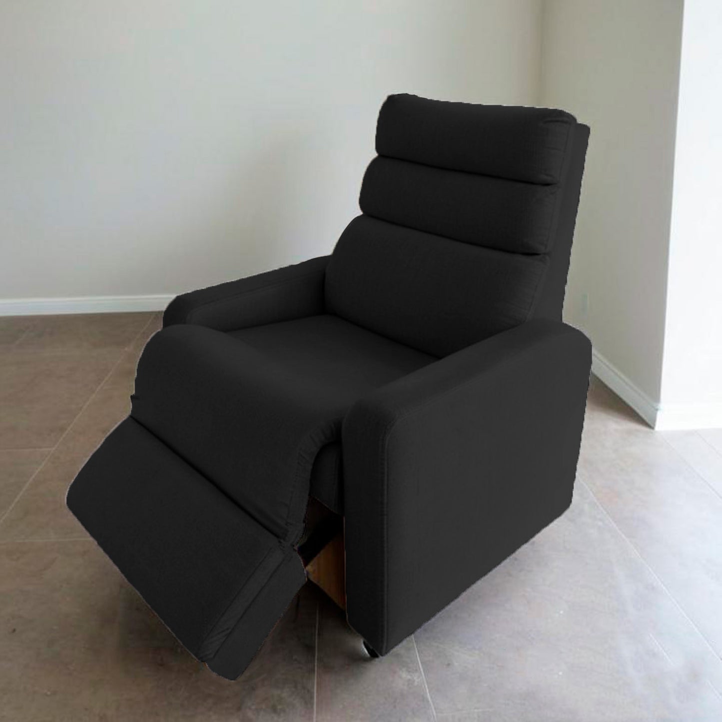 fotografía ambientada mueble sillón reclinable vista isométrica color negro