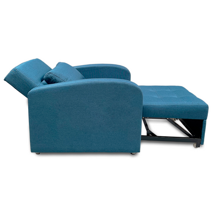 Imagen poltrona cama california un puesto tapizado color azul vista lateral semi abierto