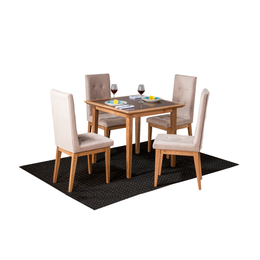 Imagen juego de comedor Turin cuatro puestos mesa madera flor morado color natural sillas tapizadas color beige
