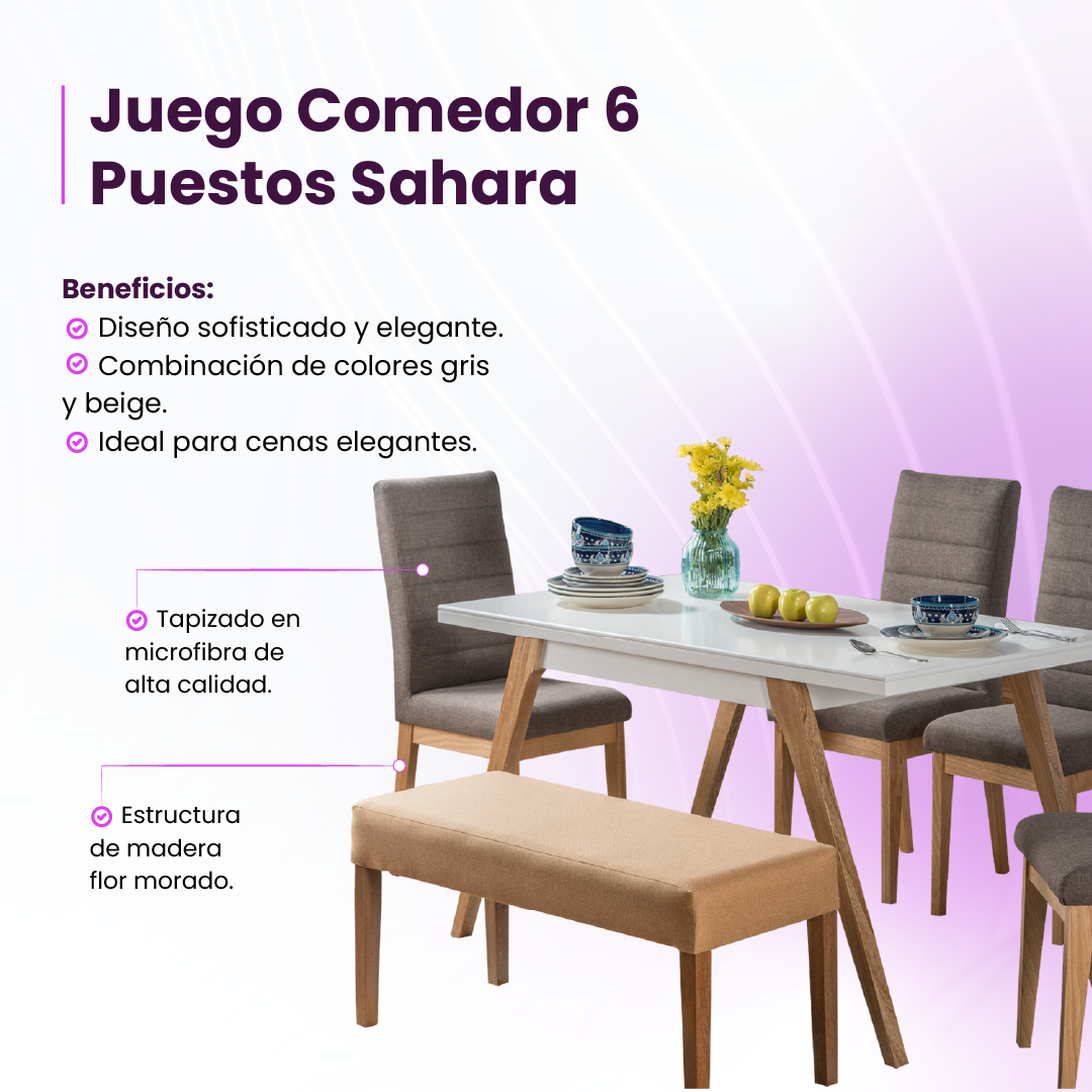 Infografía beneficios juego comedor seis puestos Sahara