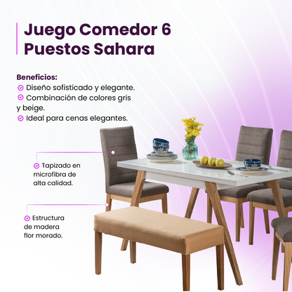 Infografía beneficios juego comedor seis puestos Sahara