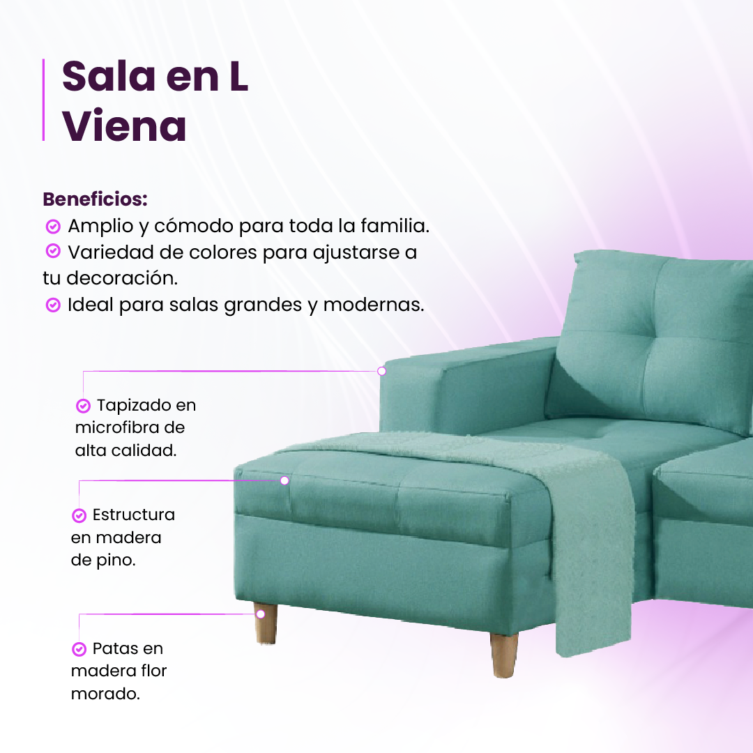 Infografía beneficios producto sala en L viena color turquesa