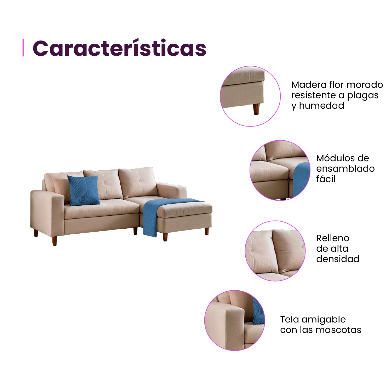 Infografía mueble sala en L características producto
