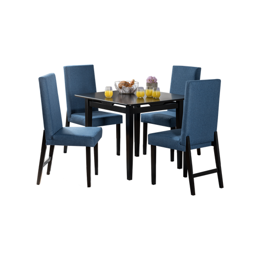 Imagen juego de comedor Mónaco cuatro puestos mesa madera flor morado negro sillas tapizadas color azul