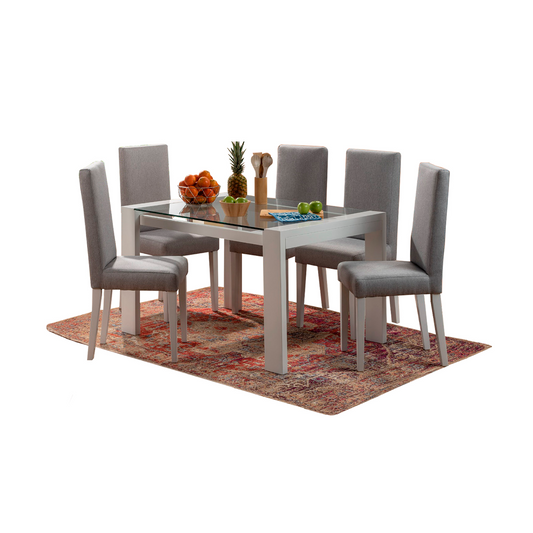 Imagen juego de comedor Rembrandt seis puestos mesa madera flor morado blanco tapa vidrio sillas tapizadas color gris