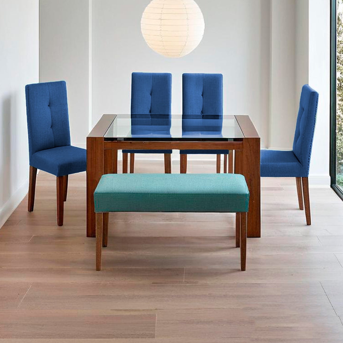 Fotografía espacio ambientado mueble juego de comedor vista frontal color azul