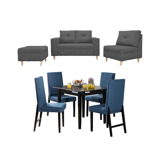 Imagen juego de sala multifuncional comedor cuatro puestos sofá poltrona puff gris