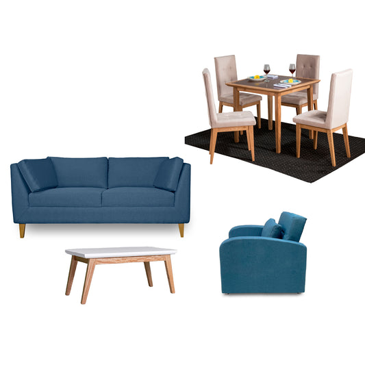 Imagen juego de sala Neptuno comedor cuatro puestos sofá azul mesa auxiliar poltrona cama azul