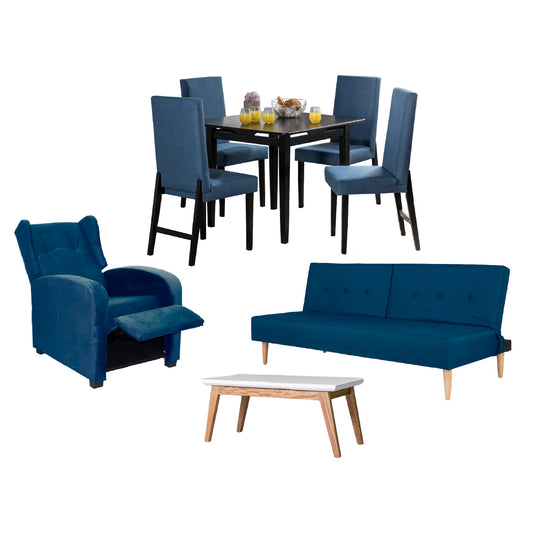 Imagen juego de sala comedor cuatro puestos sofa cama y poltrona cama azules mesa auxiliar