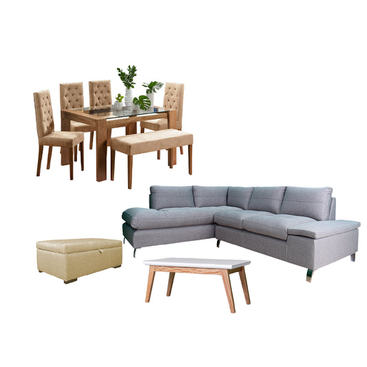 Imagen juego de sala primavera comedor seis puestos sala L mesa auxiliar baúl beige