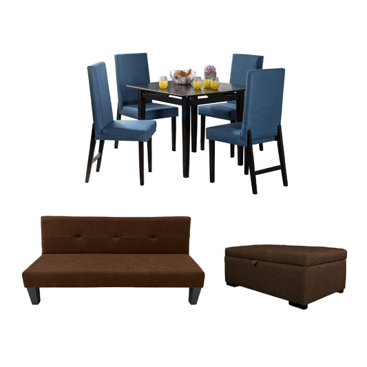 Imagen juego de sala Urano comedor cuatro puestos sofá cama baúl chocolate