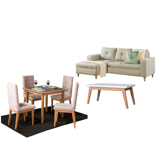 Imagen juego de sala comedor cuatro puestos sala en L derecha beige mesa auxiliar