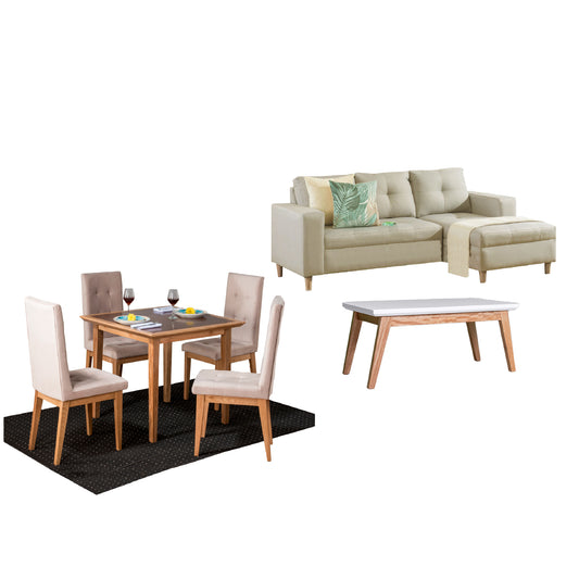 Imagen juego de sala comedor cuatro puestos sala en L izquierda beige mesa auxiliar