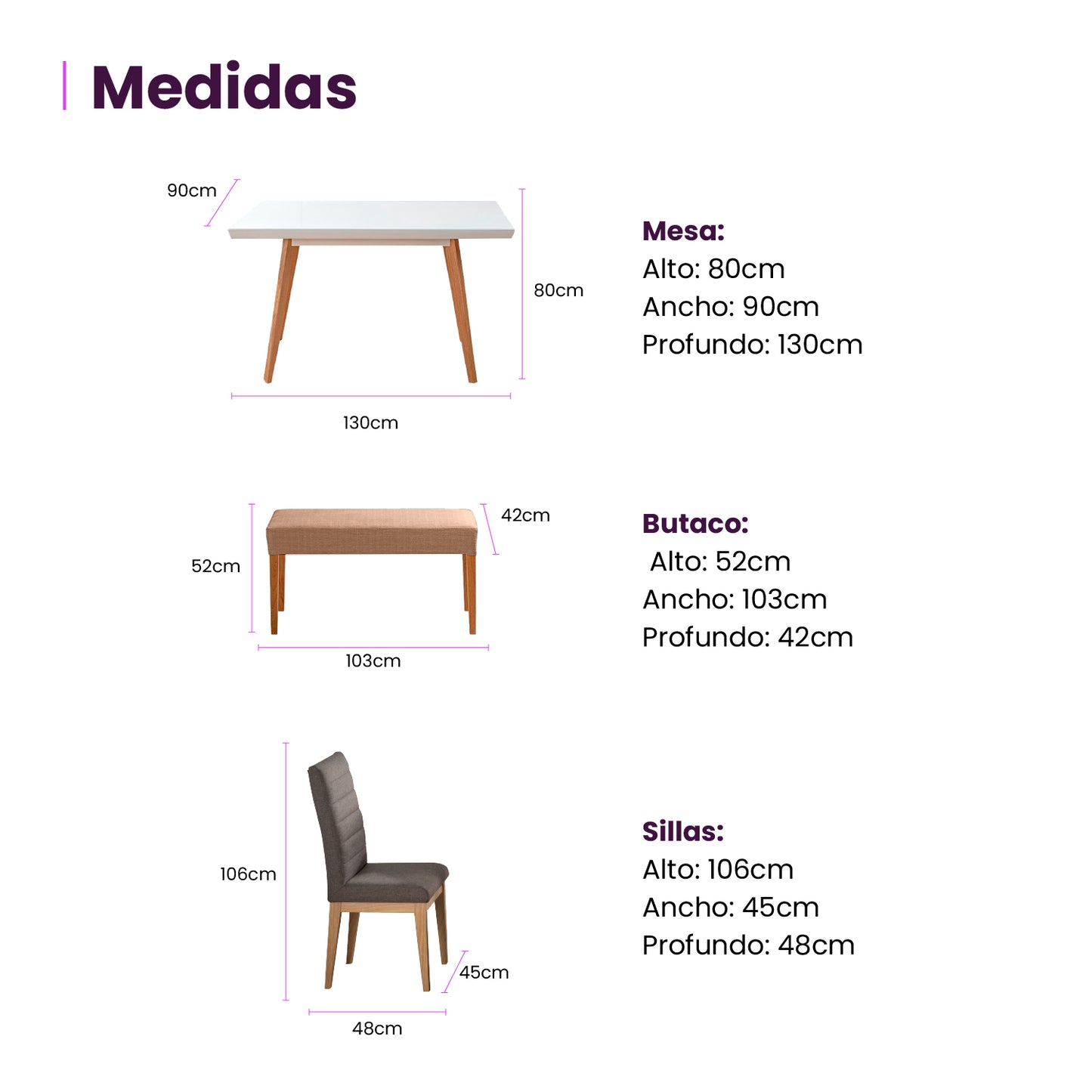 Infografía mueble juego de comedor seis puestos medidas producto gris