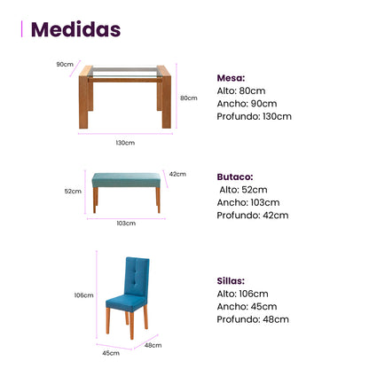Infografía mueble juego de comedor seis puestos medidas producto azul