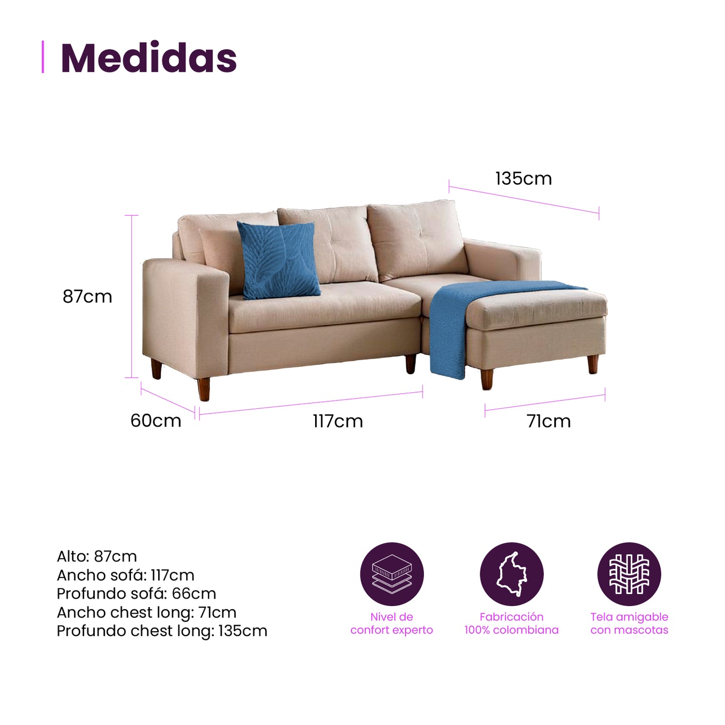Infografía mueble sala L Viena izquierda medidas producto color beige