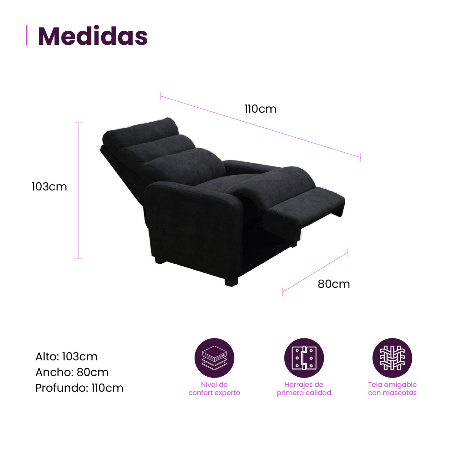 infografía mueble sillón reclinable Odín negro medidas producto