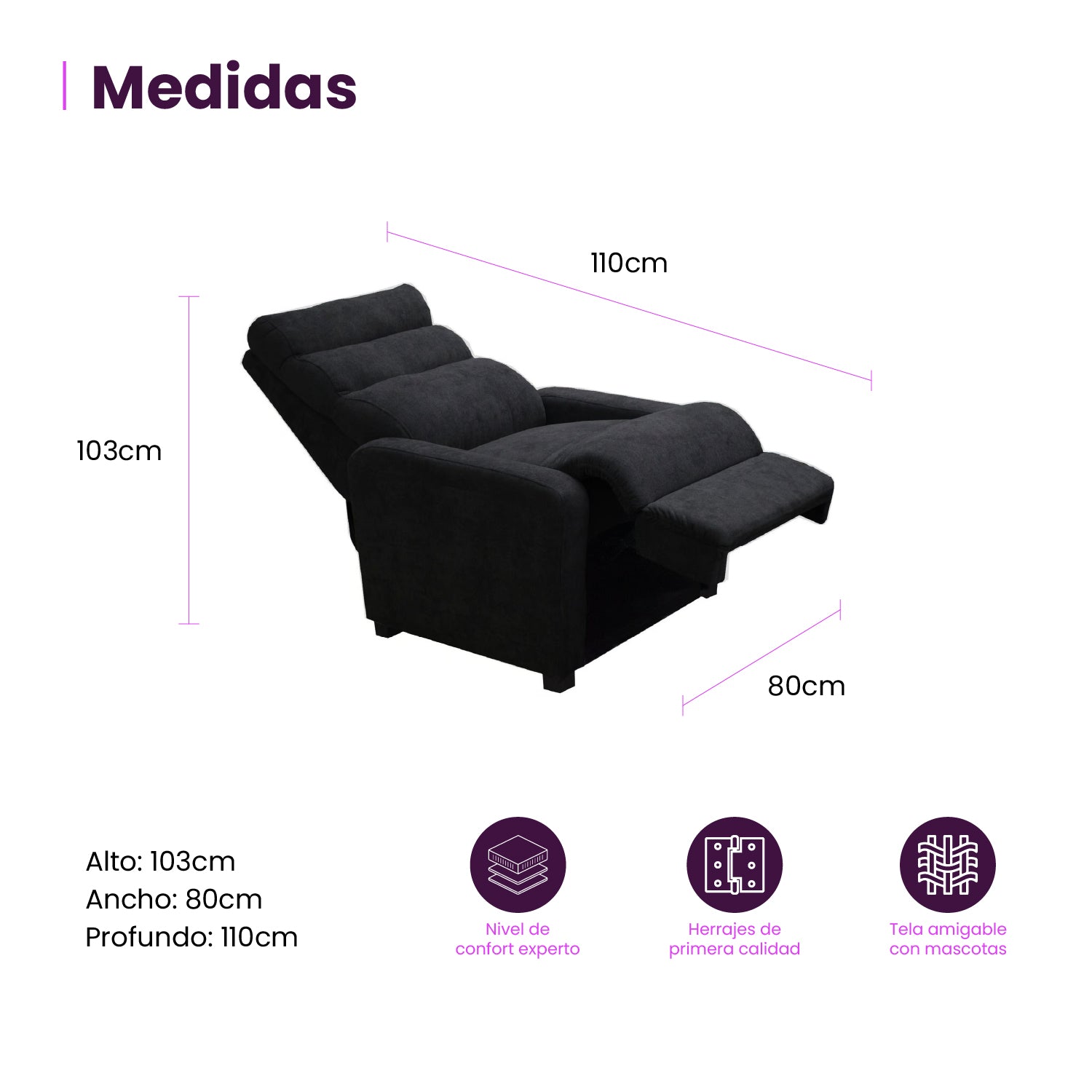 infografía mueble sillón reclinable Odín negro medidas producto