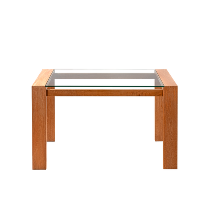 Imagen mesa madera flor morado natural seis puestos tapa vidrio vista frontal