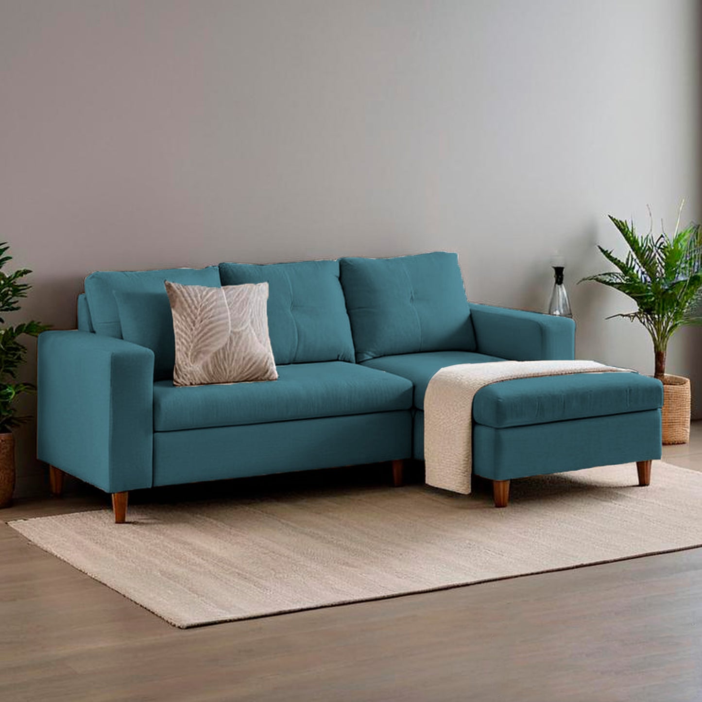 fotografía ambientada mueble sala en L Viena izquierda vista isométrica color turquesa