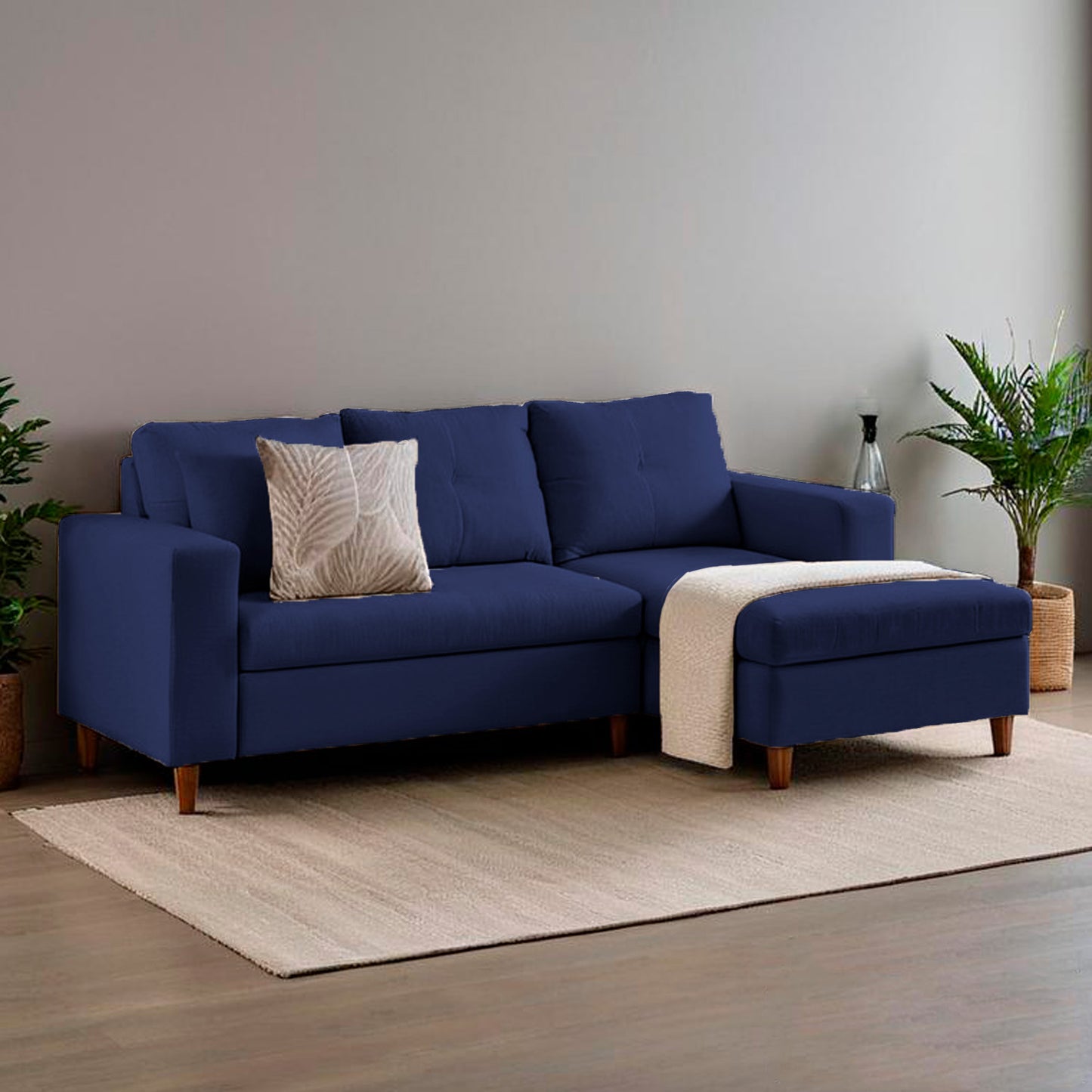 fotografía ambientada mueble sala en L Viena izquierda vista isométrica color azul índigo