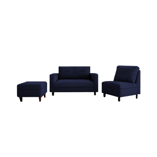 Imagen mueble sala combo poltrona sofá dos puestos puff vista frontal color azul índigo