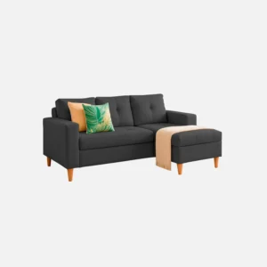 Sala en L Viena sentido izquierdo tapizada color negro con capitoneado y patas en madera tono natural cónicas vista en perspectiva