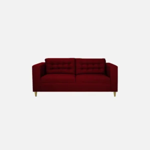 Sofá Honey 3 puestos con tapizado capitoné color vinotinto patas en madera cónicas color natural visto de frente