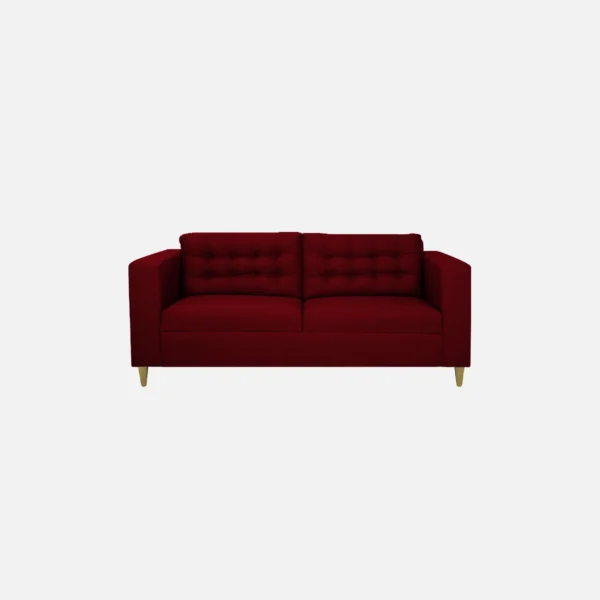 Sofá Honey 3 puestos con tapizado capitoné color vinotinto patas en madera cónicas color natural visto de frente