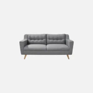 Sofá Loto dos puestos tapizado en tela gris con patas cónicas en madera visto de frente