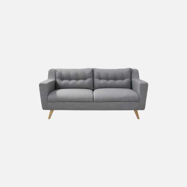 Sofá Loto dos puestos tapizado en tela gris con patas cónicas en madera visto de frente