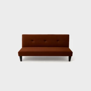 sofá cama clic clac Basic dos puestos con capitoneado en tapiz color café y patas negras plásticas visto de frente