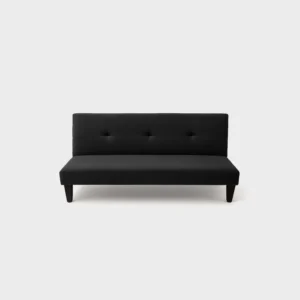 sofá cama clic clac Basic dos puestos tapizado en color negro con capitoneado y patas negras plásticas visto de frente