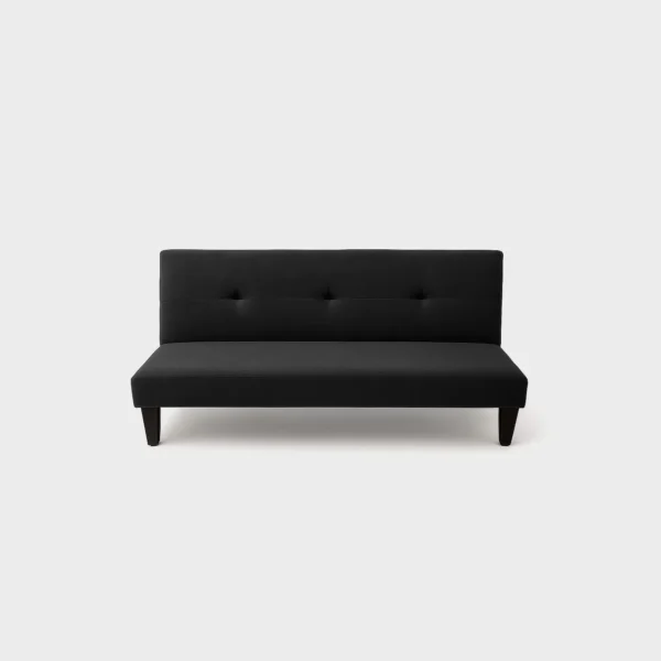 sofá cama clic clac Basic dos puestos tapizado en color negro con capitoneado y patas negras plásticas visto de frente