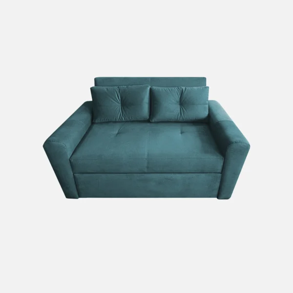 sofá cama Bari tipo carrito dos puestos tapizado capitoné color turquesa visto de frente