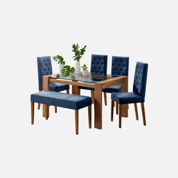 juego comedor 6 puestos Miguel Ángel en madera flor morado con tapa de vidrio, sillas tapizadas con capitoneado color azul y butaco liso visto desde perspectiva